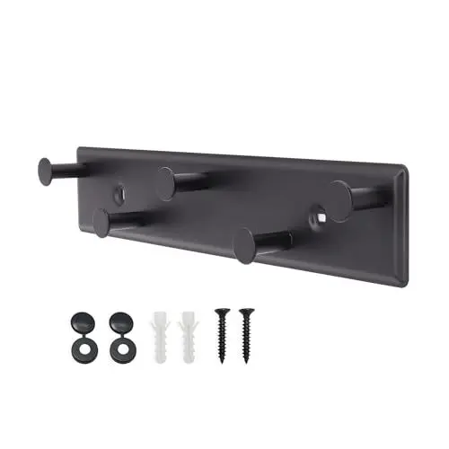 Produktbild: SYPEN Garderobenhaken mit 5 Haken, Kleiderhaken Wand, Garderobenleiste Metall, Wandgarderobe Schrauben, Hakenleiste für Schlafzimmer Bad (Schwarz)
