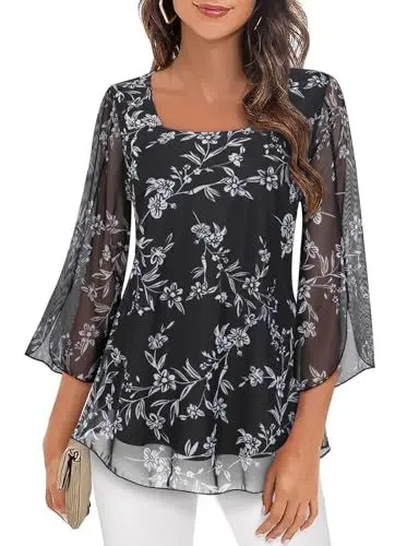Produktbild: Syphiby Damen-Blusen mit Rüschen, 3/4-Ärmel, Tunika, Tops, locker, fließend, quadratischer Ausschnitt, Chiffon, doppellagig, Netzhemden, M-3XL, Floral Black, 3XL