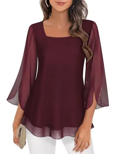 Produktbild: Syphiby Damen-Blusen mit Rüschen, 3/4-Ärmel, Tunika, Tops, locker, fließend, quadratischer Ausschnitt, Chiffon, doppellagig, Netzhemden, M-3XL, weinrot, L
