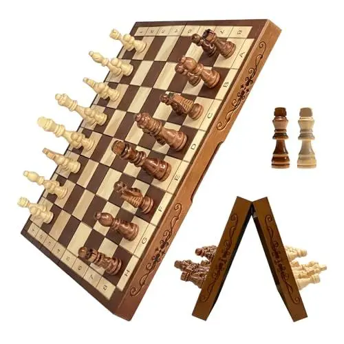 Produktbild: Syrace Magnetisches Schach- und Dame-Set, Brettspiele, Kinder und Erwachsene, aus Holz, faltbar, handgeschnitzt, tragbar, Reise-Schachbrettspiel-Sets mit Spielsteinen und Aufbewahrungsschlitzen, 40 cm