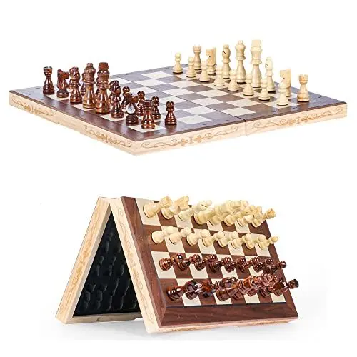 Produktbild: Syrace Schachbrett Schachspiel Schach aus Holz, zusammenklappbar handgefertigt Magnetisches Große Schachspiel für Kinder und Erwachsene Gut für Drinnen Draußen und Reisen Magnetischem