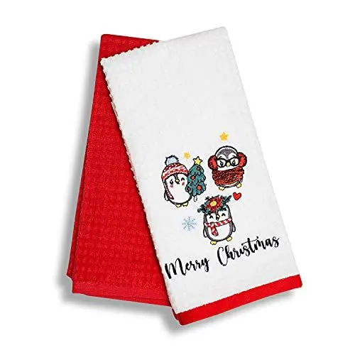 Produktbild: SYS Online Geschirrtücher Baumwolle 2er Pack, Waffelpique Stoff Handtücher Set, Oeko-tex® Zertifiziert Hochwertige Geschirrtücher mit Pinguine Merry Christmas Motiv, (Rot - Weiß)