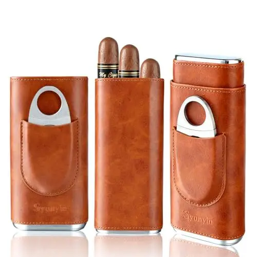 Produktbild: Syunyin Zigarrenetui aus Leder, 3 Tube Humidor mit Zigarrenzubehör Zigarrenschneider, Geschenke für Männer, Reisehumidor Zigarren Geschenkset Cigar Case Leder Zigarren Etuis, Braun