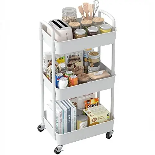 Produktbild: Sywhitta 3-stöckiger Küchenwagen, Allzweckwagen Rollende Lagerwagen mit Griff, Multifunktional Servierwagen Roll Regal für Büro, Wohnzimmer, Küche, Weiß