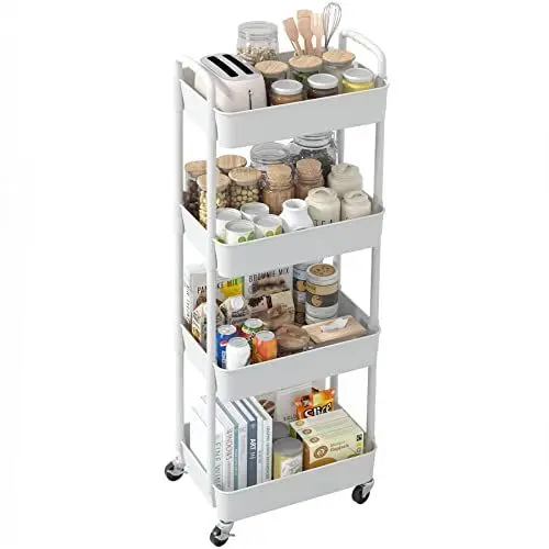 Produktbild: Sywhitta 4-stöckiger Küchenwagen, Allzweckwagen Rollende Lagerwagen mit Griff, Multifunktional Servierwagen Roll Regal für Büro, Wohnzimmer, Küche, Weiß