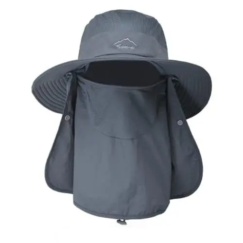 Produktbild: SZETOSY Netz-Sonnenhut mit breiter Krempe, abnehmbarer Nacken- und Gesichtsklappe UPF 50, UV-Schutz, Unisex, Outdoor-Hut für Radfahren, Angeln, Wandern, Bootfahren, Gartenarbeit, dunkelgrau, M/L