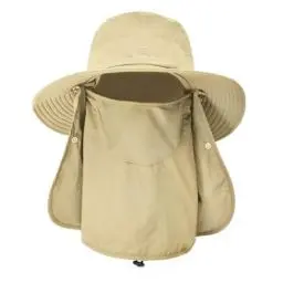 Produktbild: SZETOSY Netz-Sonnenhut mit breiter Krempe, abnehmbarer Nacken- und Gesichtsklappe UPF 50, UV-Schutz, Unisex, Outdoor-Hut für Radfahren, Angeln, Wandern, Bootfahren, Gartenarbeit, khaki, M/L