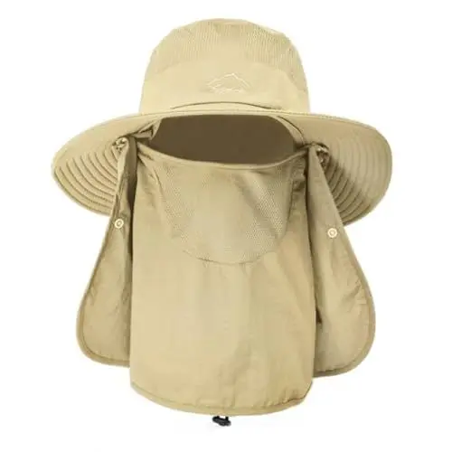 Produktbild: SZETOSY Netz-Sonnenhut mit breiter Krempe, abnehmbarer Nacken- und Gesichtsklappe UPF 50, UV-Schutz, Unisex, Outdoor-Hut für Radfahren, Angeln, Wandern, Bootfahren, Gartenarbeit, khaki, M/L