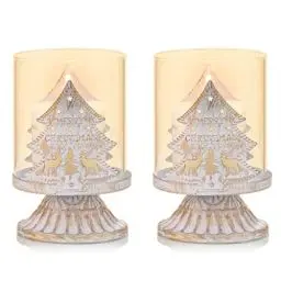 Produktbild: Sziqiqi 2er Set Vintage Kerzenleuchter Kerzenständer Kerzenhalter Windlichthalter aus Metall für Stumpenkerzen, Hurricane Dekoration für Party Weihnachten Tisch Mantel Kamin, Weiß