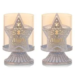 Produktbild: Sziqiqi 2er Set Vintage Kerzenleuchter Kerzenständer Kerzenhalter Windlichthalter aus Metall für Stumpenkerzen, Hurricane Kerzenständer Dekoration für Party Weihnachten Tisch Mantel Kamin, Weiß