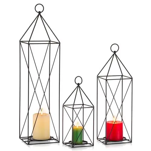 Produktbild: Sziqiqi Kerzenständer Laternen 27/39/54cm, Kerzenhalter Stumpenkerzen Dekorative für Hängende Boden Tischdekoration, Große Metall Laternen für Draußen für Esszimmer Kaffee Tisch Kamin Mantel, Schwarz