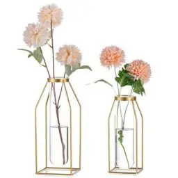 Produktbild: Sziqiqi Metall Reagenzgläser Blumenvase - Gold GestellVase mit Gläser 19.5/24.5cm Moderne Draht Vase für Wohnzimmer Tischdeko Design Geometrisch Vase für Rose Pflanzen Pampas Trockenblumen