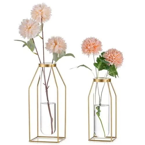 Produktbild: Sziqiqi Metall Reagenzgläser Blumenvase - Gold GestellVase mit Gläser 19.5/24.5cm Moderne Draht Vase für Wohnzimmer Tischdeko Design Geometrisch Vase für Rose Pflanzen Pampas Trockenblumen