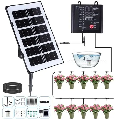 Produktbild: SZMDLX Solar Bewässerungssystem Set,Neuestes Automatische Bewässerungssystem Garten mit Wassersensor,Tröpfchenbewässerung System mit 12 Timer-Modi,Einstellbarer Wasserdurchfluss Bewässerung