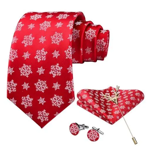 Produktbild: SzonMcnl Rot Weihnachts Krawatte für Herren Schneeflocke Muster Xmas Party Klassisch Festlich Krawatten mit Einstecktuch Manschettenknöpfe Brosche Set