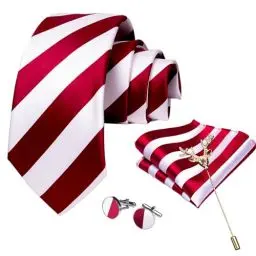 Produktbild: SzonMcnl Rot und weiß gestreifte Krawatte Weihnachts Krawatte für Herren Xmas Party Klassisch Festlich Krawatten mit Einstecktuch Manschettenknöpfe Brosche Set
