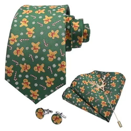 Produktbild: SzonMcnl Weihnachts Krawatten für Herren Muster Woven Party Weihnachten Krawatte mit Taschentuch Manschettenknöpfe Brosche Set (Lebkuchenmann)