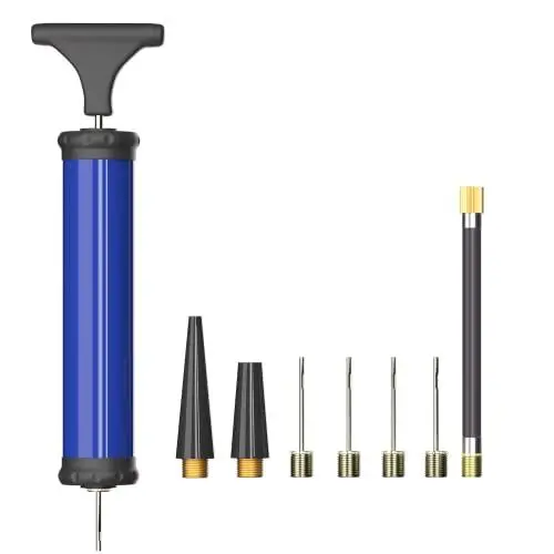 Produktbild: SZSHIMAO Ballpumpe Luftpumpe Handpumpe mit 4 Ball Nadeln 2 Düse und 1 Schlauch für Fußball Basketball Volleyball Rugby Wasserball Balloon (Blau)