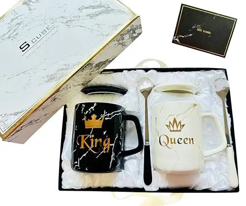 Produktbild: S_CUBE King & Queen Kaffeetassen Marmor, Hochzeit Geschenk Paare Geschenk Tassen Set Kaffeebecher Mug Set Keramik 350ml mit Luxus Geschenkbox und Gift Card