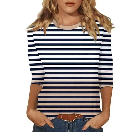 Produktbild: T Shirt Damen,Damenshirt Mit 3/4-Arm Streifenshirt Ringelshirt Basic Shirt Gestreift Aus Baumwolle（02-Schwarz,3XL）