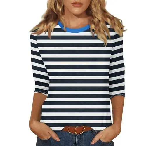 Produktbild: T Shirt Damen 3/4 Ärmel Rundhals Sommer Oberteile Blusen & Tuniken für Damen Gestreiftes Casual Basic Tops Schlankmacher Sommershirts Marine S