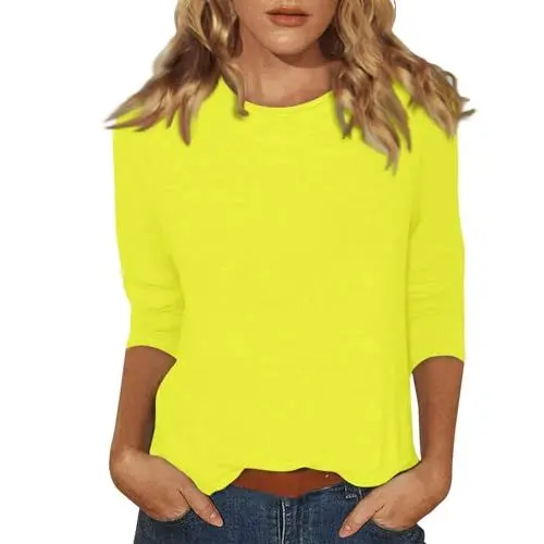 Produktbild: T Shirt Damen 3/4 Arm Baumwolle Tops für Damen Sommer Sport Oberteile Leichtgewicht Rundhalsausschnitt Shirts Casual Elegant Bluse T-Shirts Mode Dreiviertel-Ärmel 05-Gelb XL