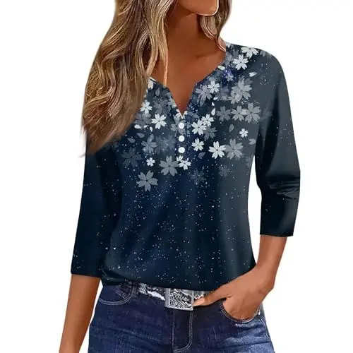 Produktbild: T Shirt Damen 3/4 Arm Damen Bluse 3/4 Arm 3/4 äRmel Tunika Blusen Damen Gestreifte Bluse Damen Damen Oberteil Dunkelblau XL