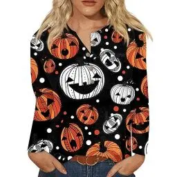 Produktbild: Pullover Damen Mehrfarbig Dicker Gummizug Pullover Plus Size Langärmlige Halloween Lustig Blusentops Damen Knöpfen Bequemer Gym Crewneck Orange