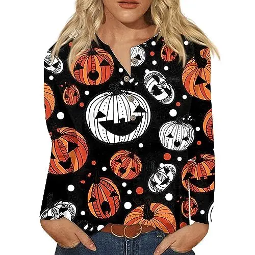 Produktbild: Pullover Damen Mehrfarbig Dicker Gummizug Pullover Plus Size Langärmlige Halloween Lustig Blusentops Damen Knöpfen Bequemer Gym Crewneck Orange