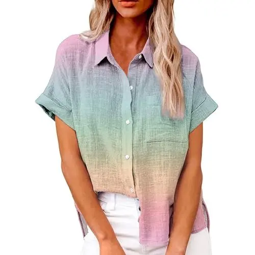 Produktbild: T Shirt Damen Sommer Hausanzug Kurzarm Shirt Lounge Farbverlauf Light Hemd mit Reverskragen Taillierte Leiste Rosa L