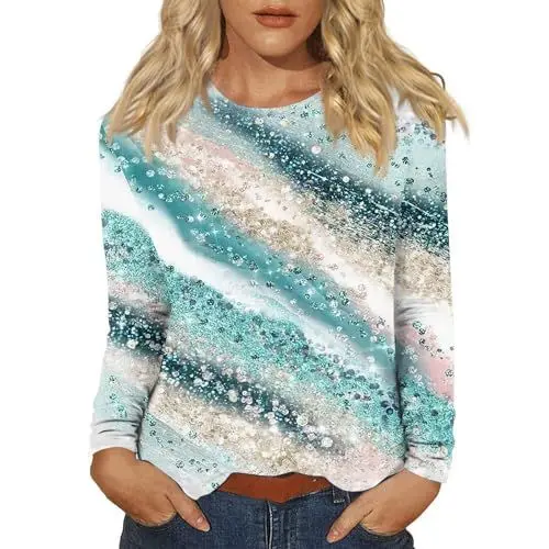 Produktbild: T Shirt Damen Viskose, Damen Bluse Langarmshirt Norweger Pullover Böse Alte Frau T-Shirt Sexy Oberteil Tennis Shirt Baumwolle Women's T-Shirts Sportshirt Türkis M