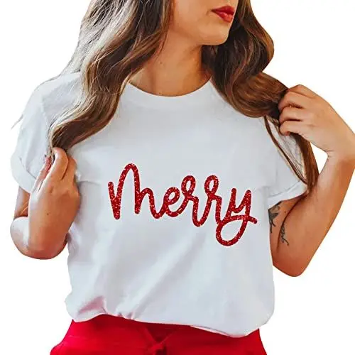 Produktbild: T Shirt Dunkelblau Damen Kurzärmliges O-Neck-T-Shirt mit Aufdruck „Frohe Weihnachten“ für Damen Pullover Damen Autumn Baumwolle (White, L)
