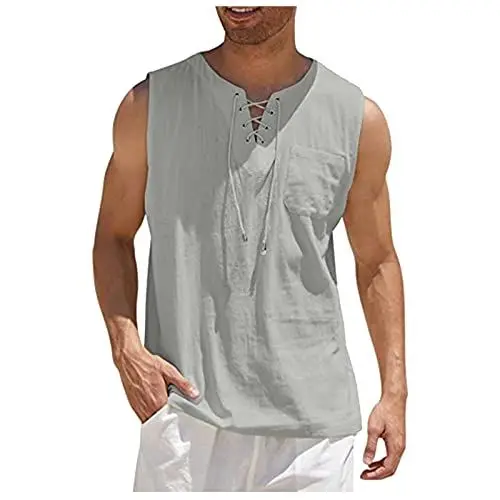 Produktbild: T Shirt Herren Tanktop Herren Gym Baumwolle-Leinen T-Shirt Hippie Shirts Ärmelloses Yoga Top Herrenmode Seaside Holiday Vest Leinen Unterhemd Herren Hemd Herren Kurzarm grau 3XL