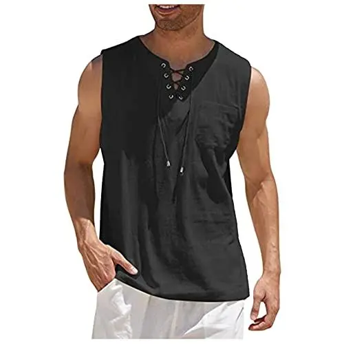 Produktbild: T Shirt Herren Tanktop Herren Gym Baumwolle-Leinen T-Shirt Hippie Shirts Ärmelloses Yoga Top Herrenmode Seaside Holiday Vest Leinen Unterhemd Herren Laufshirt Herren Schwarz XXL