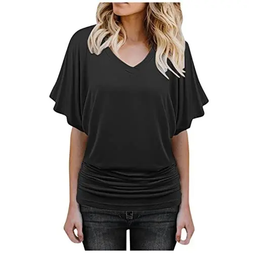 Produktbild: T Shirt Mädchen Coole mit Rüschen T Shirt Tailliertes Einfarbige Sommer V Neck Polyeste Shirt for Female Tunika Schönes Halbarm Buiness Schwarz