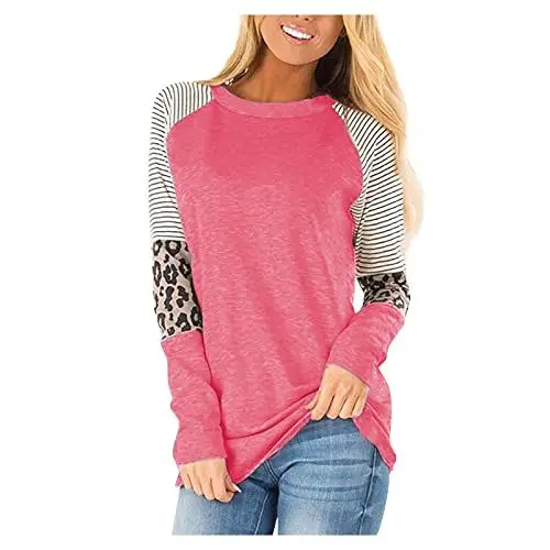 Produktbild: T Shirt Unterdamen Sport Rundhals Hemde Weich Boyfriend Frühling Farbblock Patchwor T-Shirt Damen Mode Langarm Tunik Polyester Rosa