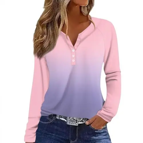 Produktbild: T Shirts Mädchen Henley Ausschnitt Work Baumwolle T Shirt Langarm mit Blumenmuster Legerer Locke Blusentop Damene Herbst Übergröße Knopfleiste Weich 01-Rosa S