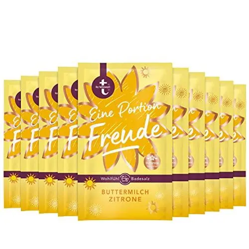 Produktbild: t: by tetesept Badesalz Eine Portion Freude – Hauchfeine Puderkristalle mit Buttermilch und Zitrone - Bade-Geschenk für die Sinne – 10er Pack (10 x 60 g)
