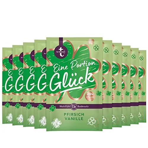 Produktbild: t: by tetesept Badesalz Eine Portion Glück – Hauchfeine Puderkristalle mit Pfirsich und Vanille - Bade-Geschenk für die Sinne – 10er Pack (10 x 60 g)