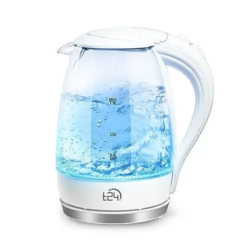 Produktbild: T24 LED Glas Wasserkocher 1,7 Liter mit LED-Beleuchtung, Trockenlaufschutz, BPA-frei, 2200 Watt | TÜV Rheinland GS geprüft, weiß