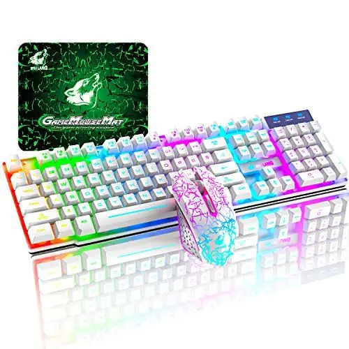 Produktbild: T3 Drahtlose Tastatur Maus Combo, Regenbogenbeleuchtete 2,4 G wiederaufladbare mechanische Feel Tastatur + 2400DPI 6 Tasten Optische Rainbow LED-Maus + kostenlose Gaming-Mauspads (weiß)
