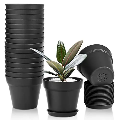 Produktbild: T4U 10 cm Plastik Blumentopf mit Untersetzer, 18er-Set Blumentöpfe Innen Übertopf mit Mehrere Ablauflöchern, Kleine Pflanzentopf Plant Pot, Blumentopf Schwarz für Büro Balkon