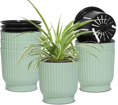 Produktbild: T4U 12cm Kunststoff Selbstbewässerung Blumentopf mit Docht Pflanzentopf Set für Orchideentopf, Kräutertopf, Basilikum Topf, Hydrokultur Topf Innen Blumentopf mit Bewässerungssystem Grün 6er-Set