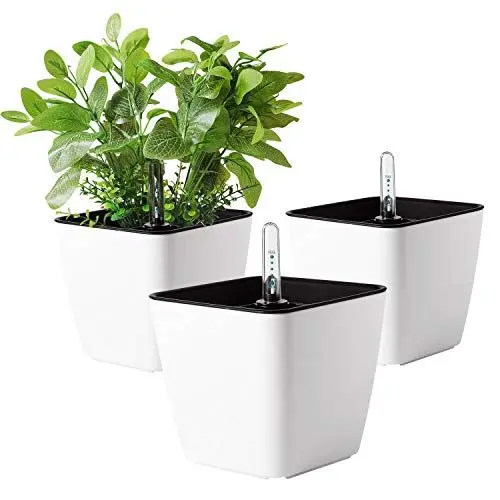 Produktbild: T4U 13cm Blumentopf Plastik Weiß mit bewässerungssyste mit Anzeiger Eckig Pflanztopf 3er-Set, Selbstwässernde wasserspeicher für blumentöpfe，übertöpfe für Zimmerpflanzen