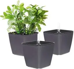 Produktbild: T4U 13cm Blumentopf Plastik Schwarz mit bewässerungssyste mit Anzeiger Eckig Pflanztopf dunkelgrau 3er-Set, Selbstwässernde wasserspeicher für blumentöpfe，übertöpfe für Zimmerpflanzen