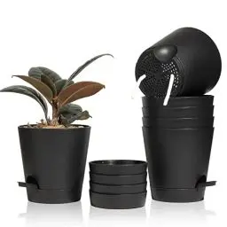 Produktbild: T4U 14cm Kunststoff Blumentopf mit Bewässerungssystem, 6er-Set Selbstbewässerung Übertopf mit Untersetzer, Rund Pflanzkübel für Innen und Balkon Garten Pflanzen Sukkulenten Kaktus, Schwarz