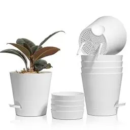 Produktbild: T4U 14cm Kunststoff Blumentopf mit Bewässerungssystem, 6er-Set Selbstbewässerung Übertopf mit Untersetzer, Rund Pflanzkübel für Innen und Balkon Garten Pflanzen Sukkulenten Kaktus, Weiß