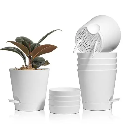 Produktbild: T4U 14cm Kunststoff Blumentopf mit Bewässerungssystem, 6er-Set Selbstbewässerung Übertopf mit Untersetzer, Rund Pflanzkübel für Innen und Balkon Garten Pflanzen Sukkulenten Kaktus, Weiß