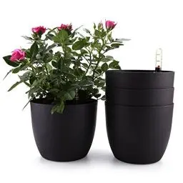 Produktbild: T4U 15cm Selbstwässernder Blumentopf mit Wasseranzeiger Schwarz 4er-Set, Selbstbewässerung Wasserspeicher Pflanzgefäß Übertopf für Innen- und Außenbereich