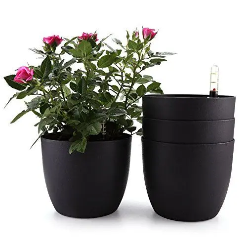 Produktbild: T4U 15cm Selbstwässernder Blumentopf mit Wasseranzeiger Schwarz 4er-Set, Selbstbewässerung Wasserspeicher Pflanzgefäß Übertopf für Innen- und Außenbereich